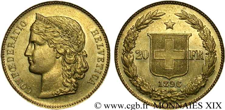 SWITZERLAND - HELVETIC CONFEDERATION 20 Francs or Helvetia 1896 Berne AU 