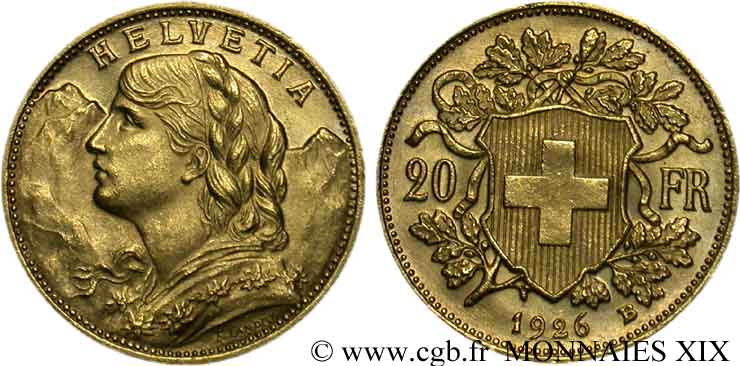 SUISSE - CONFÉDÉRATION HELVÉTIQUE 20 francs or  Vreneli  1926 Berne SUP 