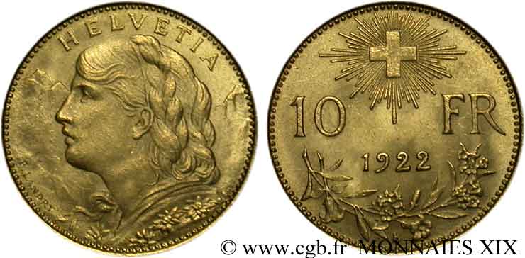 SUISSE - CONFÉDÉRATION HELVÉTIQUE 10 Francs or  Vreneli  1922 Berne SUP 