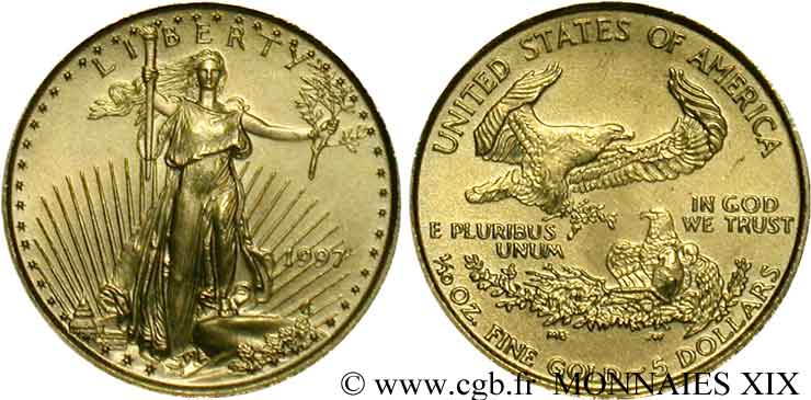 UNITED STATES OF AMERICA 1/10 once en or ou 5 dollars 1997 Philadelphie MS 