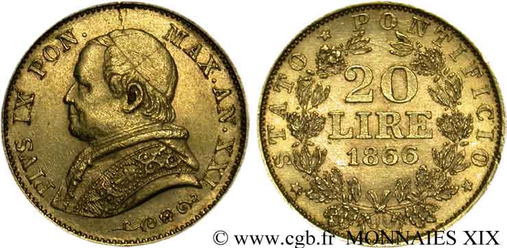ITALIA - STATO PONTIFICIO - PIE IX (Giovanni Maria Mastai Ferretti) 20 lires, petit buste 1866 Rome XF 