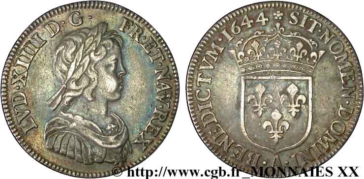 LOUIS XIV  THE SUN KING  Quart d écu à la mèche courte 1644 Paris, Monnaie de Matignon q.SPL