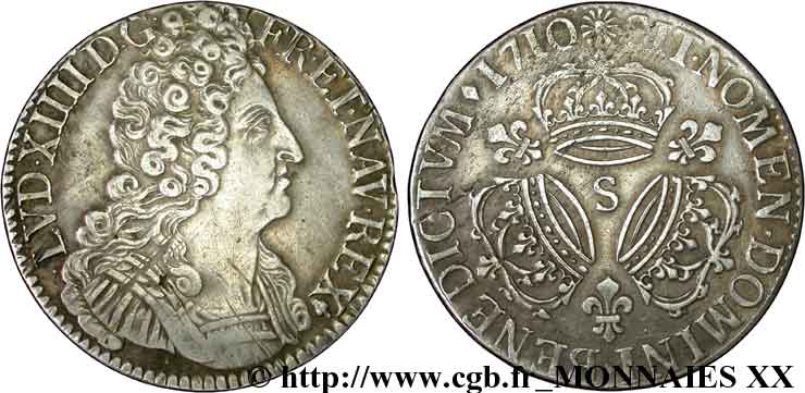 LOUIS XIV  THE SUN KING  Écu aux trois couronnes 1710 Reims AU