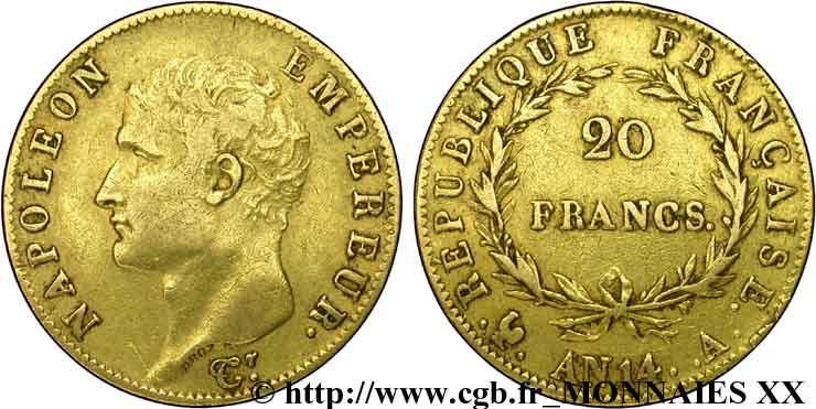20 francs Napoléon tête nue, calendrier révolutionnaire 1805 Paris F.512/5 XF 