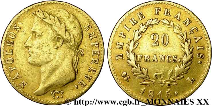 20 francs or Napoléon, tête laurée, Empire français 1815 Bayonne F.516A/2 S 