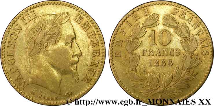 10 francs or Napoléon III, tête laurée 1866 Paris F.507A/12 XF 