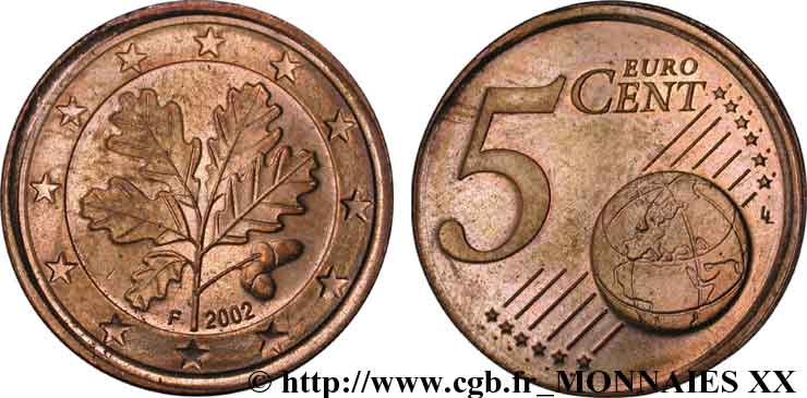 EUROPEAN CENTRAL BANK 5 centimes d’euro, “glissé de frappe” 2002 MS