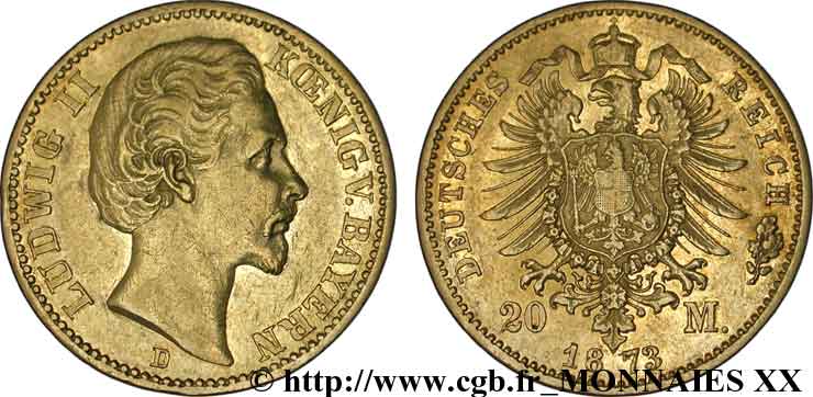 ALLEMAGNE - ROYAUME DE BAVIÈRE - LOUIS II 20 marks or, 1er type 1873  Münich TTB 