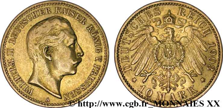 ALLEMAGNE - ROYAUME DE PRUSSE - GUILLAUME II 10 marks or, 2e type 1903 Berlin TTB 