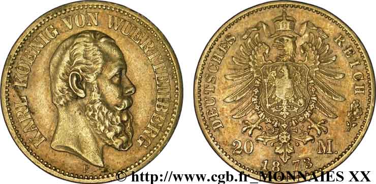 ALLEMAGNE - ROYAUME DE WURTTEMBERG - CHARLES Ier 20 marks or, 1er type 1873 Stuttgart TTB 