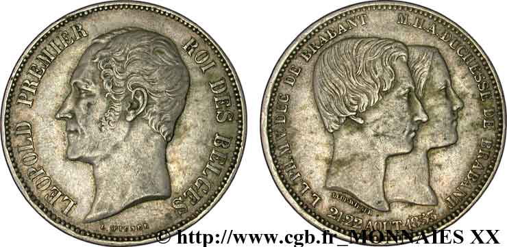 BELGIQUE - ROYAUME DE BELGIQUE - LÉOPOLD Ier 5 francs, mariage du duc de Brabant 1853 Bruxelles TTB 