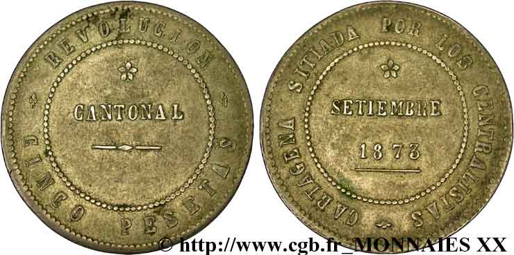 ESPAGNE - GOUVERNEMENT PROVISOIRE 5 pesetas 1873 Carthagène SS 