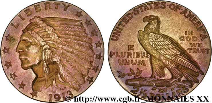ÉTATS-UNIS D AMÉRIQUE Quarter Eagle ou 2 1/2 dollars Or  Indian Head  1913 Philadelphie TTB 
