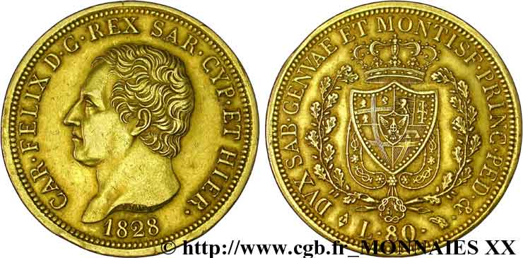 ITALIE - ROYAUME DE SARDAIGNE - CHARLES-FÉLIX 80 lires or 1828 Turin TTB 