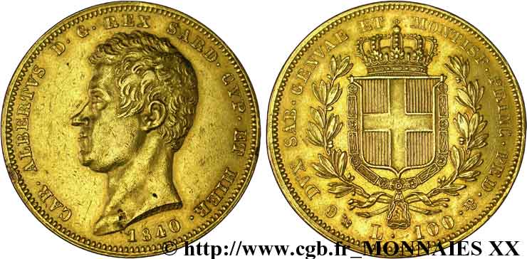 ITALIE - ROYAUME DE SARDAIGNE - CHARLES-ALBERT 100 lires or 1840 Gênes TTB 