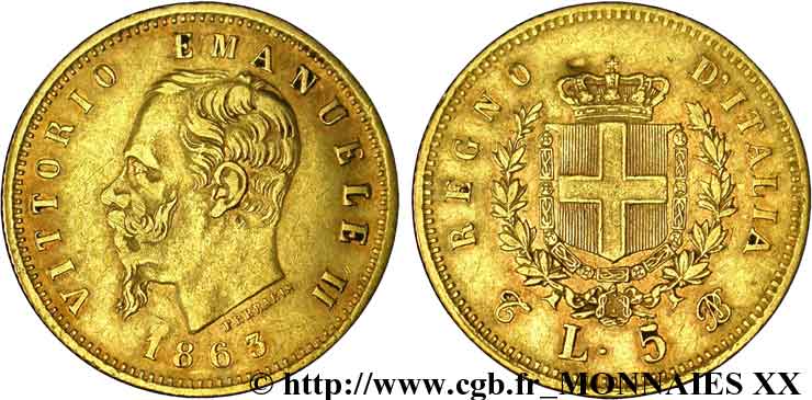 ITALIE - ROYAUME D ITALIE - VICTOR-EMMANUEL II 5 lires or 1863 Turin TTB 