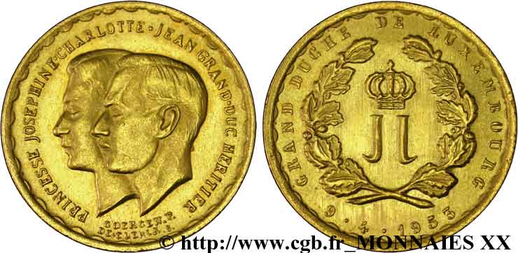 LUXEMBOURG - GRAND-DUCHÉ DE LUXEMBOURG - CHARLOTTE Monnaie commémorative au module de 20 francs Or, mariage du prince héritier 1953 Bruxelles SPL 