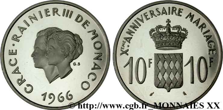MONACO - PRINCIPAUTÉ DE MONACO - RAINIER III 10 francs argent, dixième anniversaire du mariage 1966 Paris FDC 