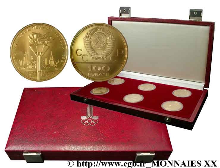 RUSSIE - UNION SOVIÉTIQUE Coffret de six monnaies de 100 roubles, Jeux olympiques de Moscou 1980 Moscou et Léningrad FDC 