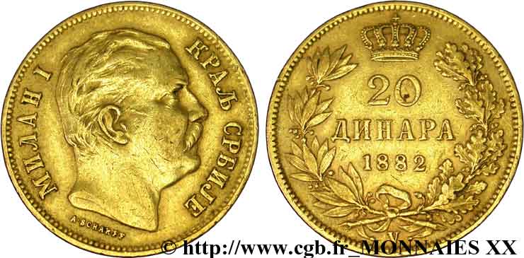 ROYAUME DE SERBIE - MILAN IV OBRÉNOVITCH 20 dinara en or 1882 Vienne XF 