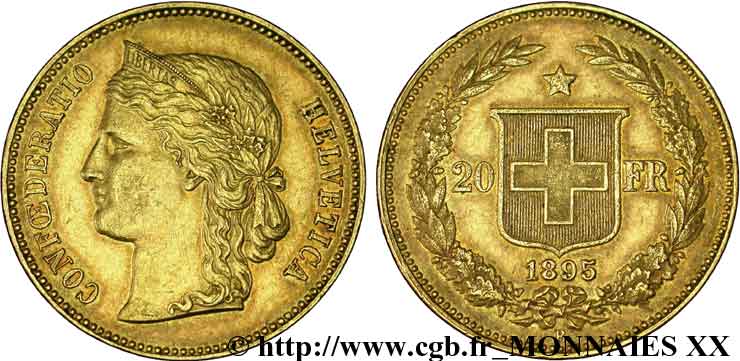 SWITZERLAND - HELVETIC CONFEDERATION 20 Francs or buste diadémé d Helvetia 1895 Berne XF 