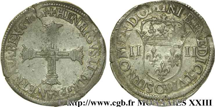 HENRY IV Quart d écu, croix batonnée et couronnée de face 1601 Saint-Lô XF