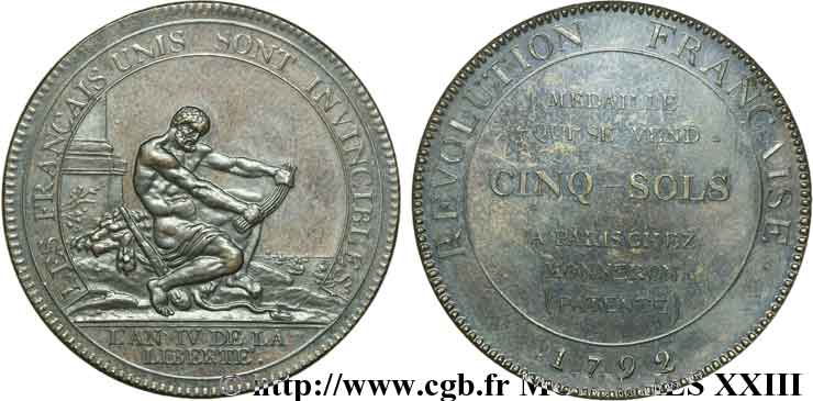 REVOLUTION COINAGE Monneron de 5 sols à l Hercule, frappe médaille 1792 Birmingham, Soho SPL