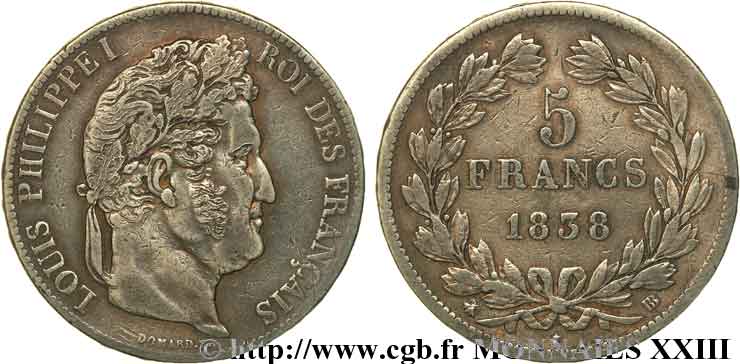 5 francs, IIe type Domard, regravé 1838 Strasbourg F.324/70 TTB 