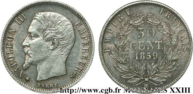 50 centimes Napoléon III, tête nue 1859 Strasbourg F.187/11 XF 