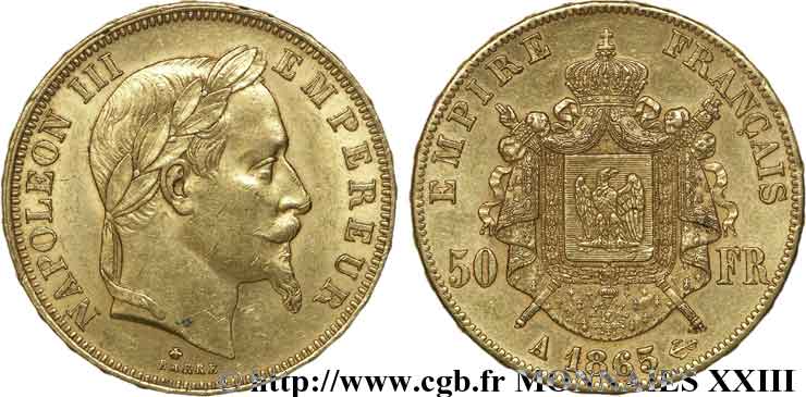 50 francs or Napoléon III, tête laurée 1865 Paris F.548/5 BB 
