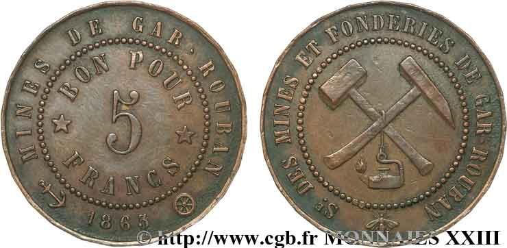 MINES AND FORGES Bon pour 5 francs, Mines de Gar-Rouban (Algérie) 1865  XF 
