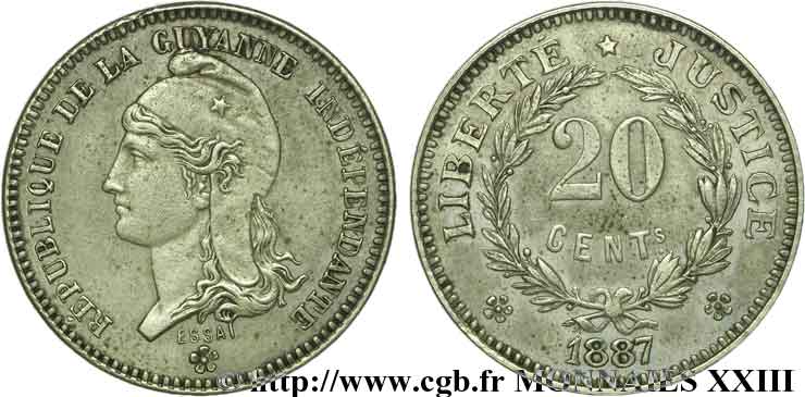 RÉPUBLIQUE DE LA GUYANE INDÉPENDANTE Essai de 20 centimes 1887 Bruxelles ? TTB 