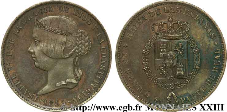 ESPAGNE - ROYAUME D ESPAGNE - ISABELLE II Essai de 25 centimes en cuivre, non adopté 1859 Madrid VZ 