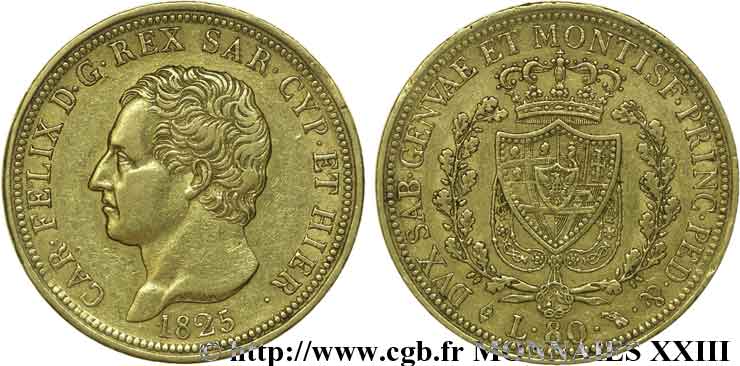 ITALIE - ROYAUME DE SARDAIGNE - CHARLES-FÉLIX 80 lires or 1825 Turin TTB 