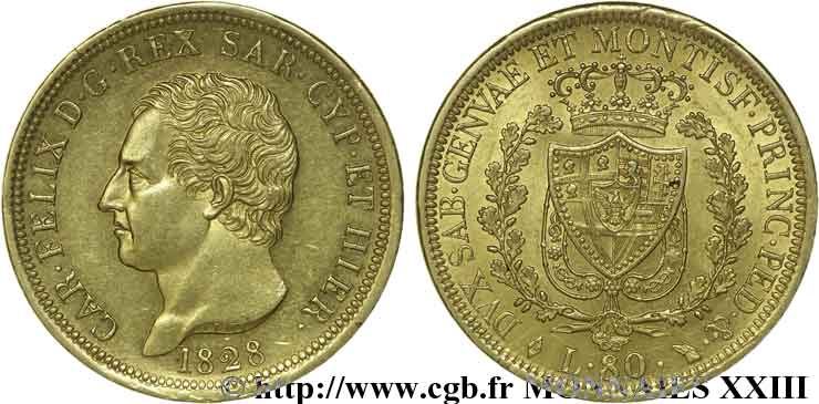 ITALIE - ROYAUME DE SARDAIGNE - CHARLES-FÉLIX 80 lires or 1828 Turin SUP 