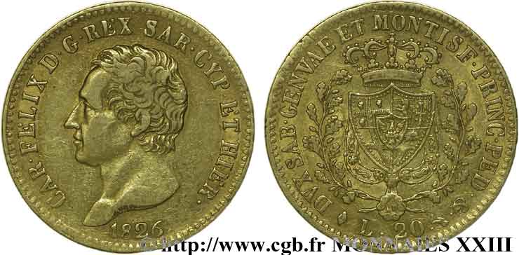 ITALIE - ROYAUME DE SARDAIGNE - CHARLES-FÉLIX 20 lires or 1826 Turin TTB 
