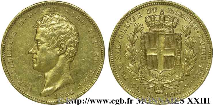 ITALIE - ROYAUME DE SARDAIGNE - CHARLES-ALBERT 100 lires or 1836 Gênes TTB 
