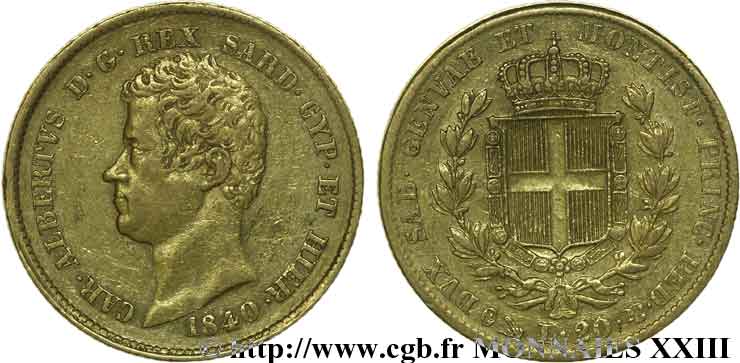 ITALIE - ROYAUME DE SARDAIGNE - CHARLES-ALBERT 20 lires or 1840 Gênes TTB 