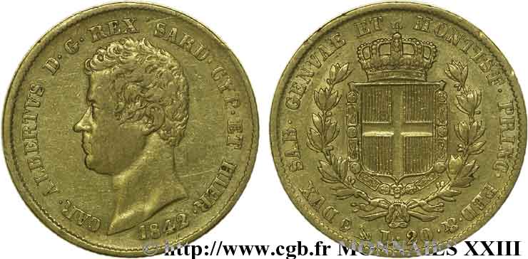 ITALIA - REGNO DE SARDINIA - CARLO ALBERTO 20 lires or 1842 Gênes XF 