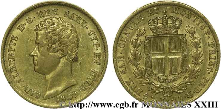 ITALIE - ROYAUME DE SARDAIGNE - CHARLES-ALBERT 20 lires or 1849 Gênes TTB 