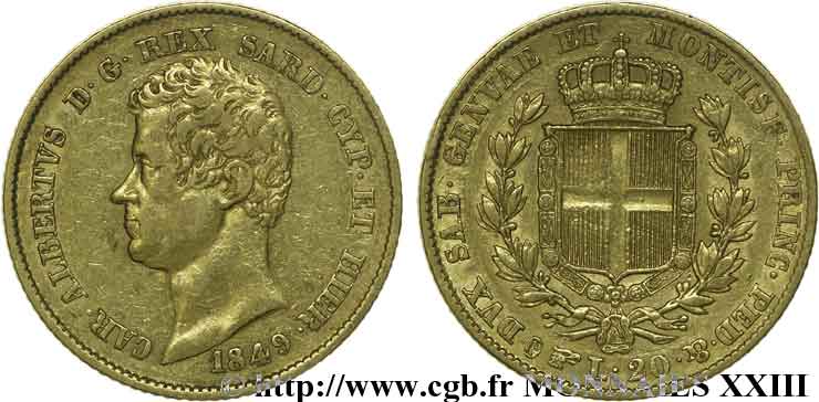ITALIE - ROYAUME DE SARDAIGNE - CHARLES-ALBERT 20 lires or 1849 Turin TTB 