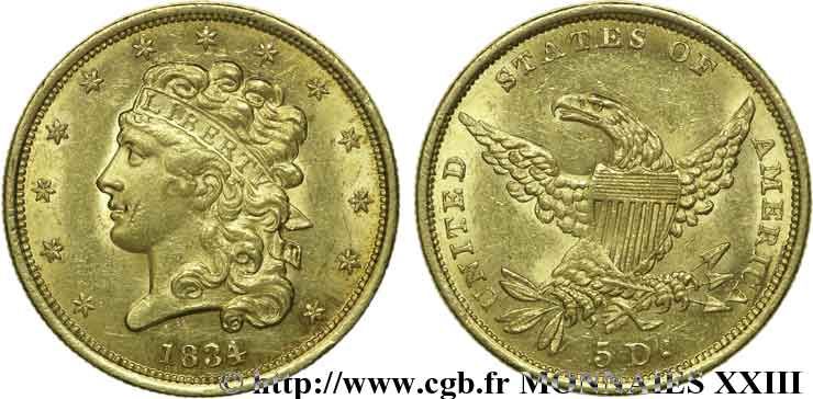 ÉTATS-UNIS D AMÉRIQUE 5 dollars or (Half Eagle)  Liberty head  ou  Classic head  1834 Philadelphie TTB 