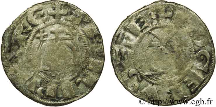 PHILIP II AUGUSTUS AND ROGER II DE ROSOI Denier c. 1180-1201 Laon F