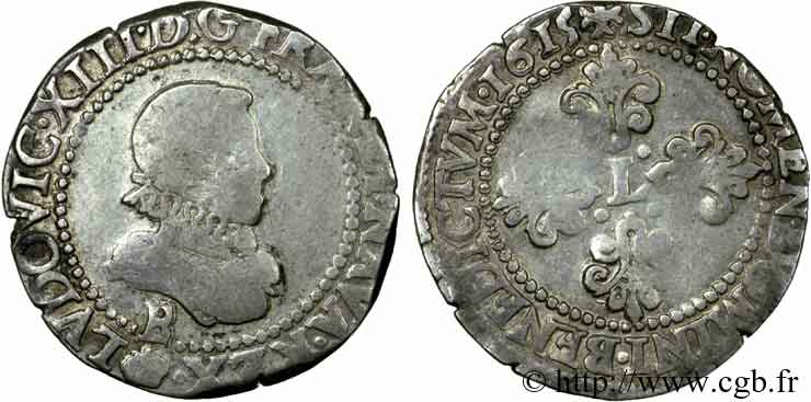 LOUIS XIII Demi-franc au buste adolescent de Rouen 1615 Rouen VF