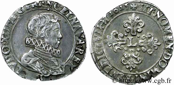 LOUIS XIII Demi-franc, grande tête nue adolescente au col fraisé 1615 Troyes AU