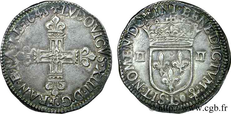 LOUIS XIII  Quart d écu, à la croix fleurdelisée, titulature côté croix 1643 Bayonne fVZ