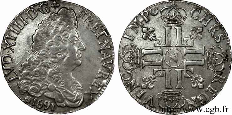 LOUIS XIV  THE SUN KING  Écu aux huit L, 1er type 1691 Montpellier BB