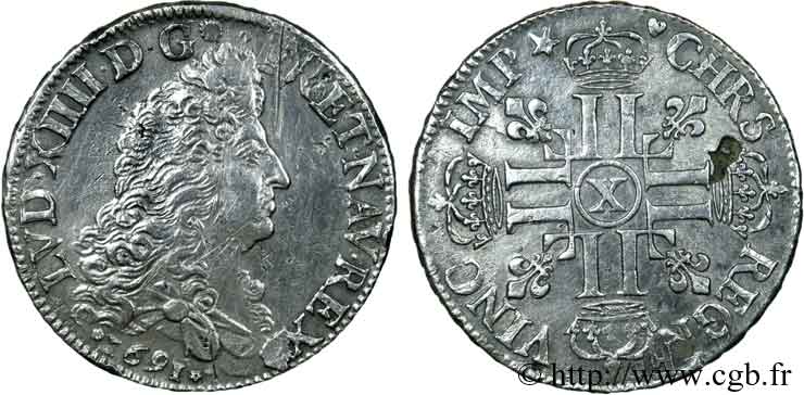 LOUIS XIV  THE SUN KING  Écu aux huit L, 1er type 1691 Amiens BB/q.SPL