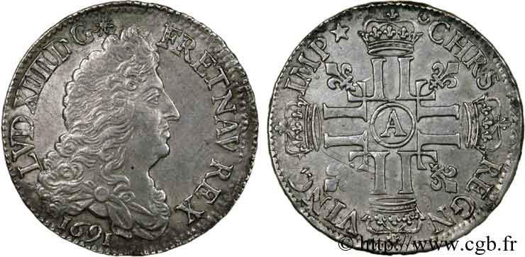 LOUIS XIV  THE SUN KING  Demi-écu aux huit L, 1er type 1691 Paris q.SPL/BB