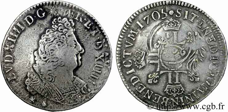 LOUIS XIV  THE SUN KING  Demi-écu aux huit L, 2e type 1705 Montpellier VF
